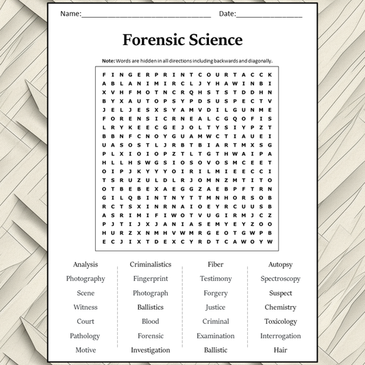 Forensic Science Word Search Puzzle Worksheet Activity PDF