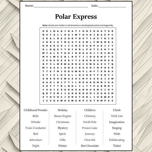 Polar Express Word Search Puzzle Worksheet Activity PDF