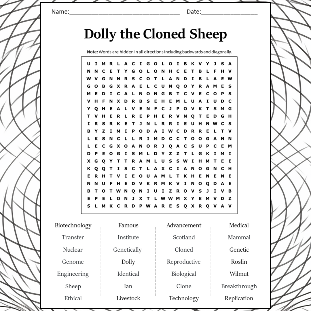 Dolly The Cloned Sheep Word Search Puzzle Worksheet Activity PDF