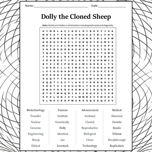 Dolly The Cloned Sheep Word Search Puzzle Worksheet Activity PDF