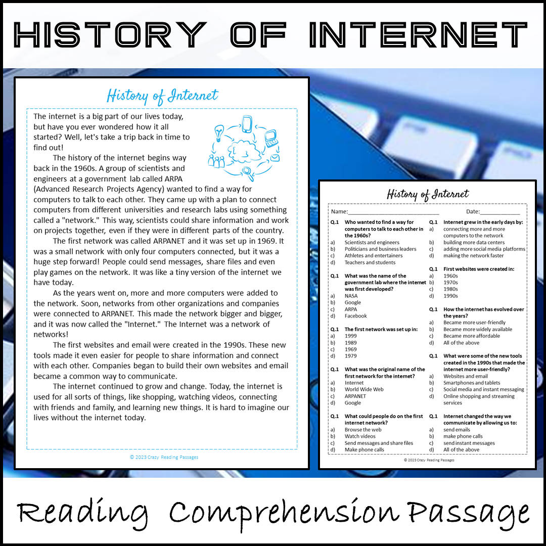 History Of Internet Reading Comprehension Passage and Questions | Printable PDF