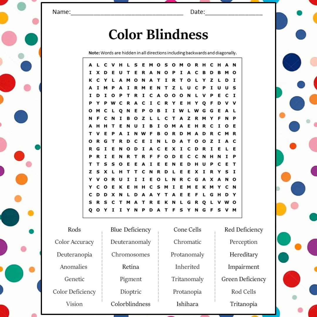 Color Blindness Word Search Puzzle Worksheet Activity PDF