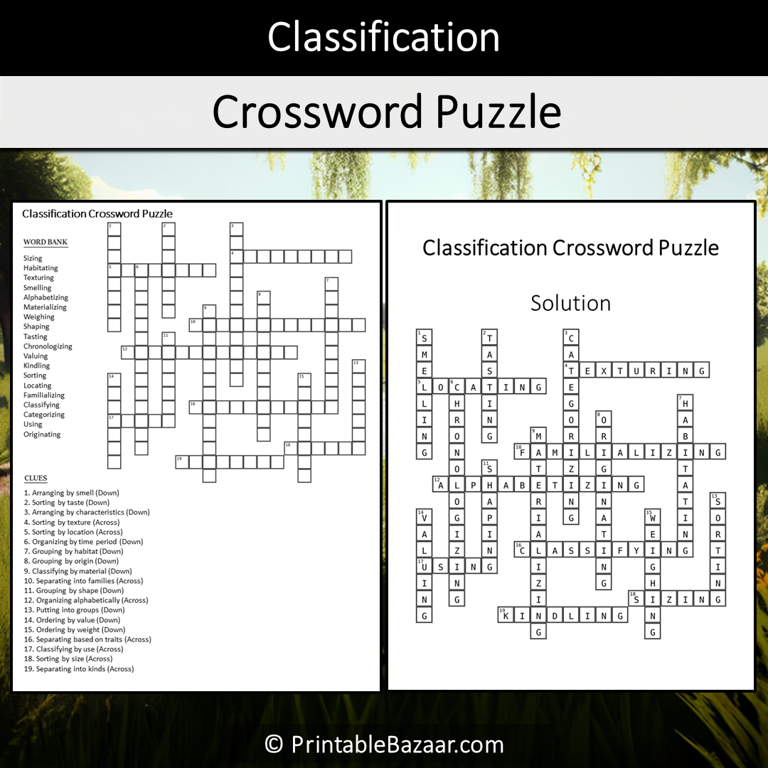 Classification Crossword Puzzle Worksheet Activity Printable PDF