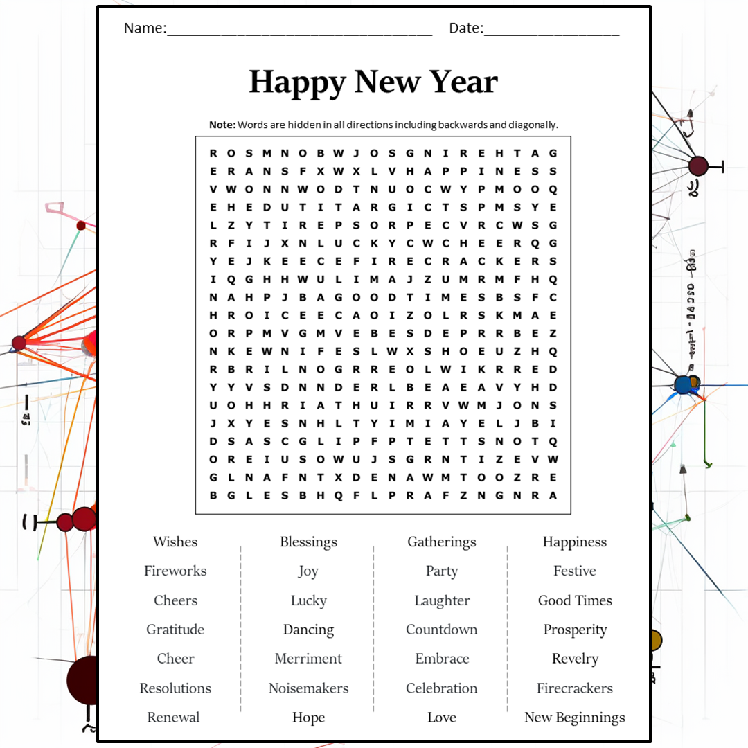 Happy New Year Word Search Puzzle Worksheet Activity PDF