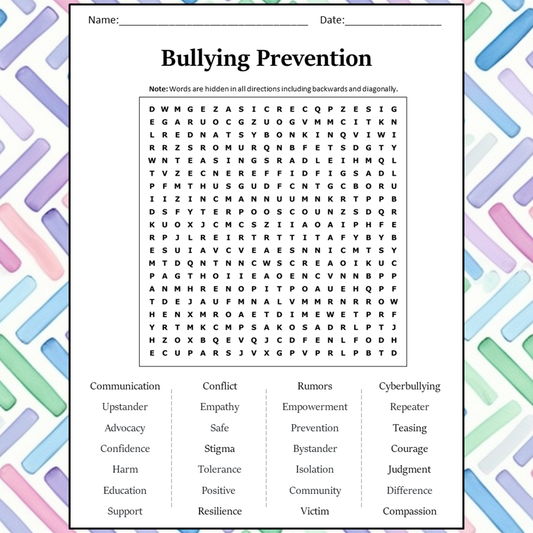 Bullying Prevention Word Search Puzzle Worksheet Activity PDF