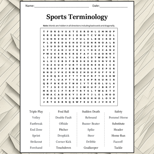 Sports Terminology Word Search Puzzle Worksheet Activity PDF