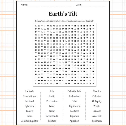 Earth's Tilt Word Search Puzzle Worksheet Activity PDF