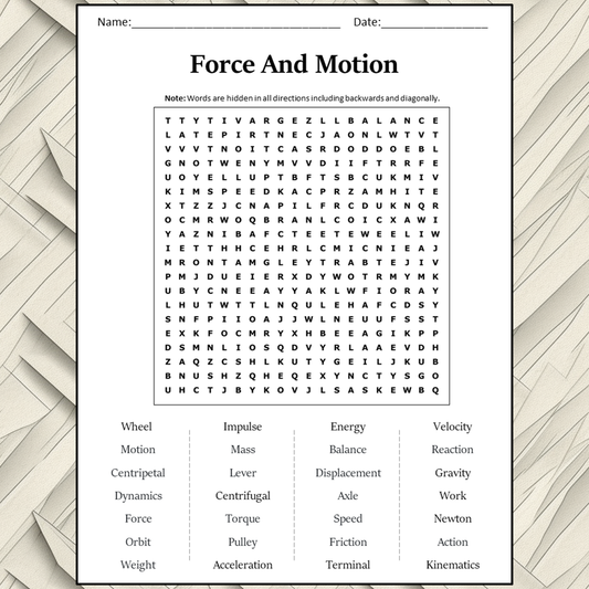 Force And Motion Word Search Puzzle Worksheet Activity PDF