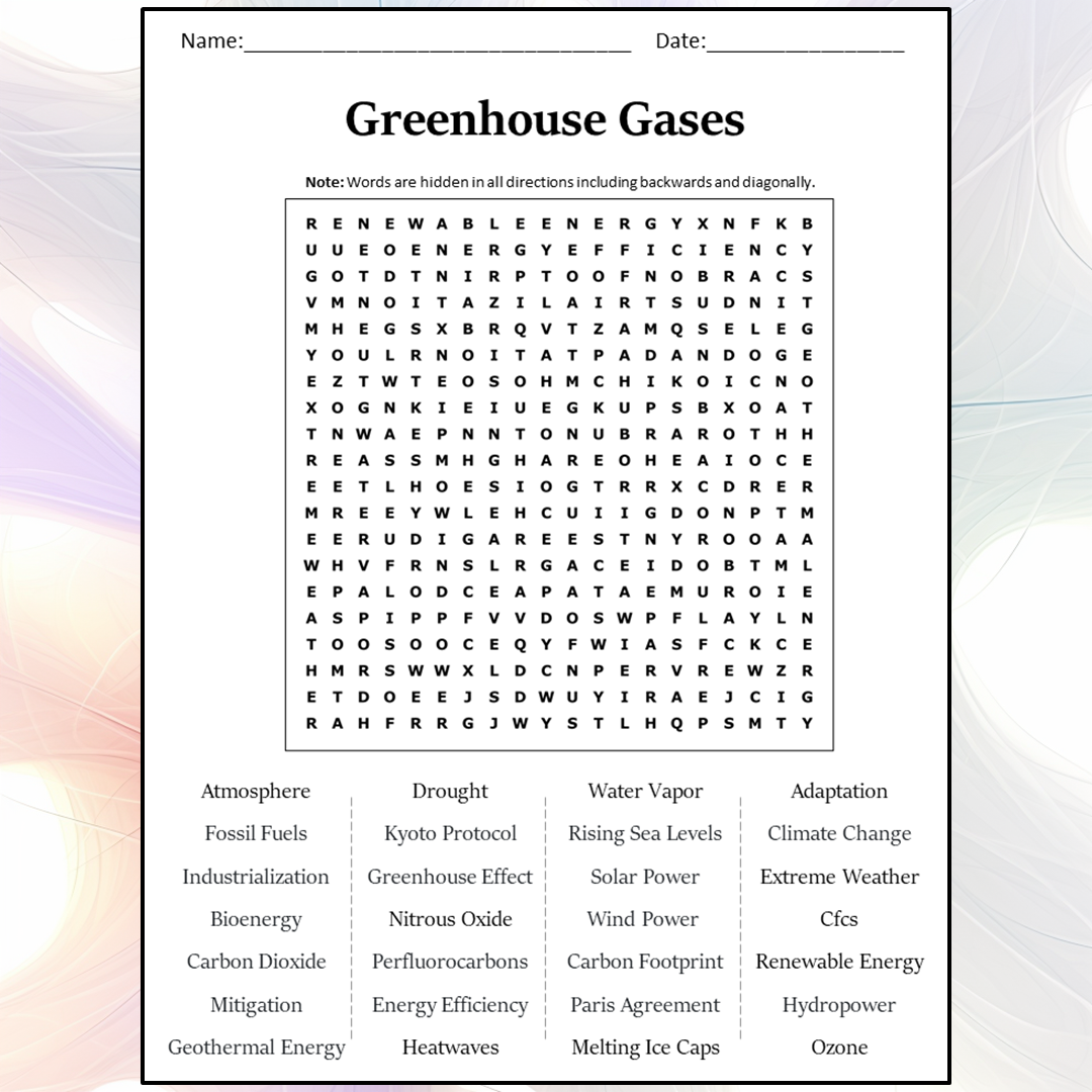 Greenhouse Gases Word Search Puzzle Worksheet Activity PDF