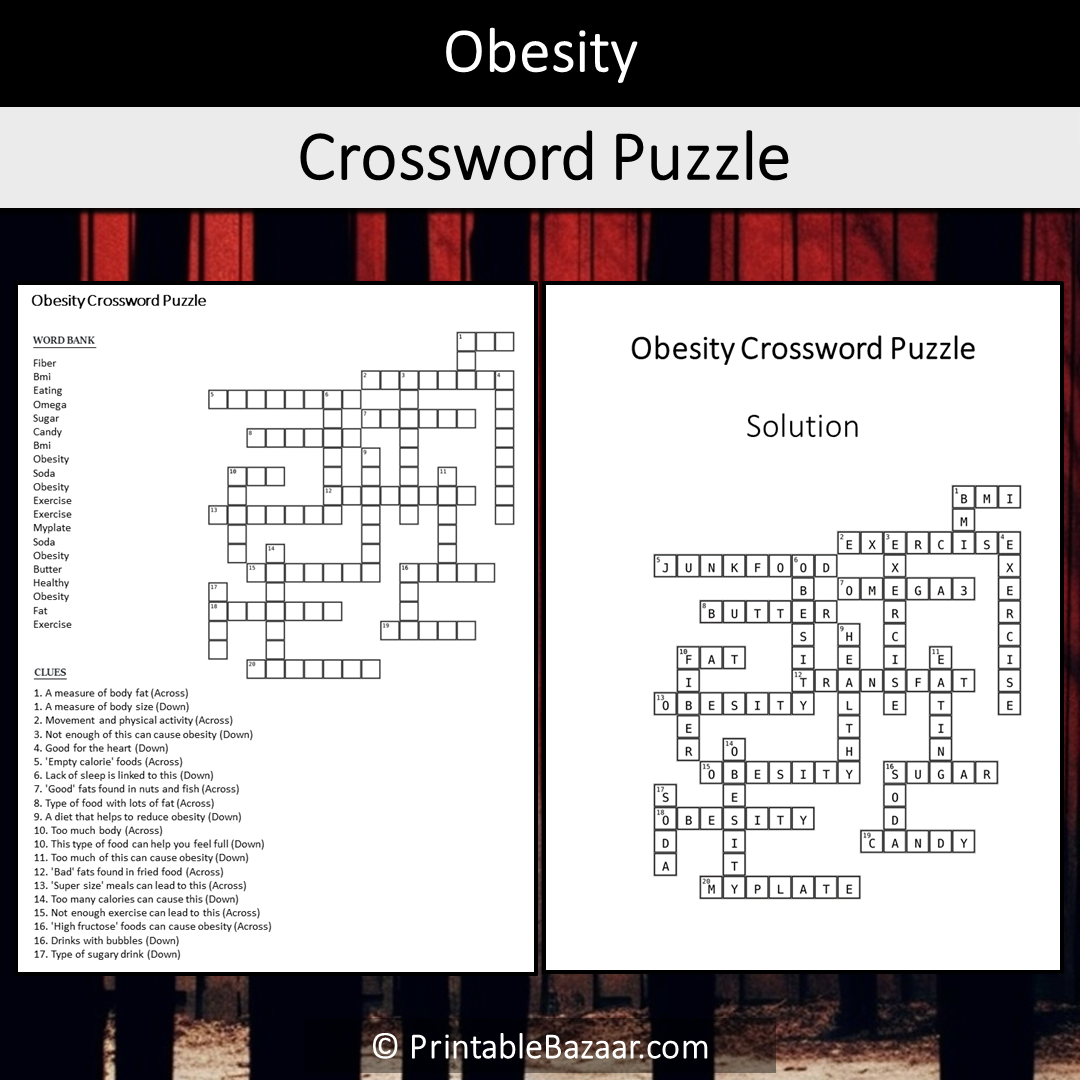 Obesity Crossword Puzzle Worksheet Activity Printable PDF