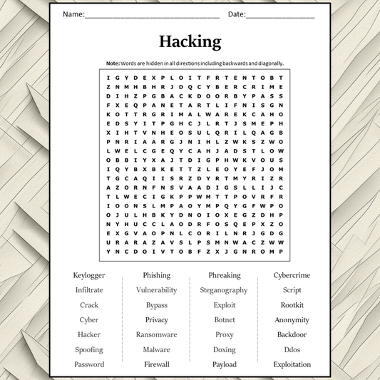 Hacking Word Search Puzzle Worksheet Activity PDF