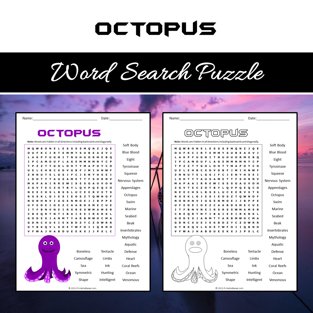 Octopus Word Search Puzzle Worksheet PDF