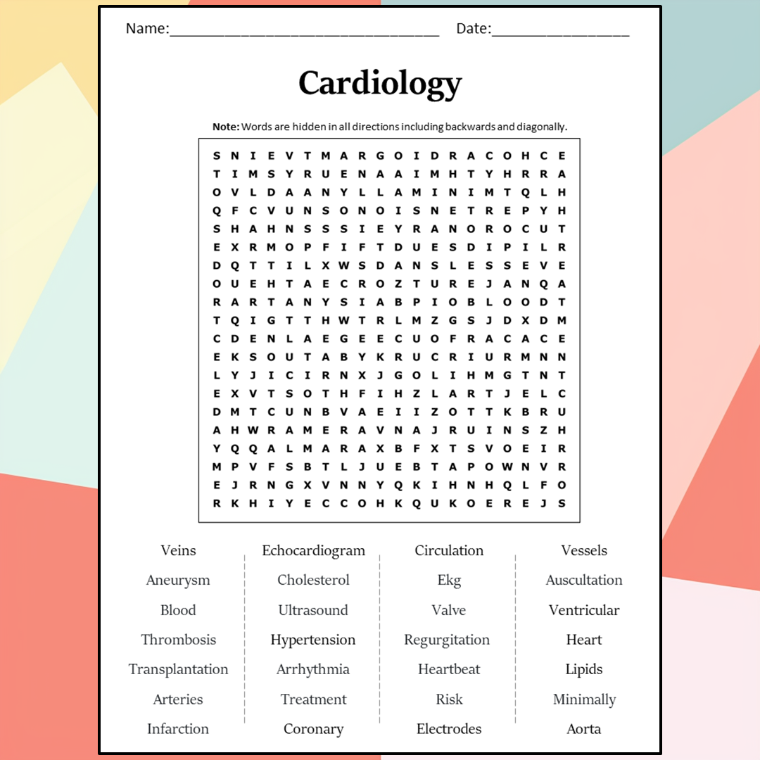 Cardiology Word Search Puzzle Worksheet Activity PDF – PrintableBazaar