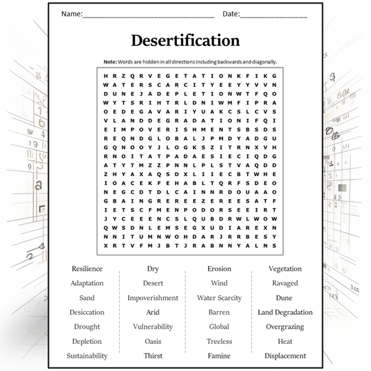 Desertification Word Search Puzzle Worksheet Activity PDF