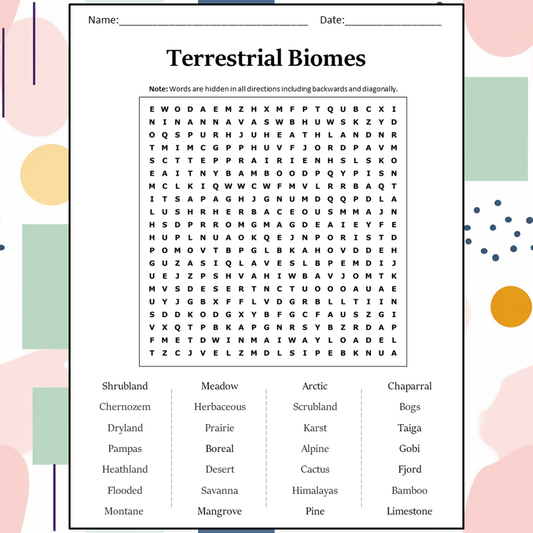 Terrestrial Biomes Word Search Puzzle Worksheet Activity PDF