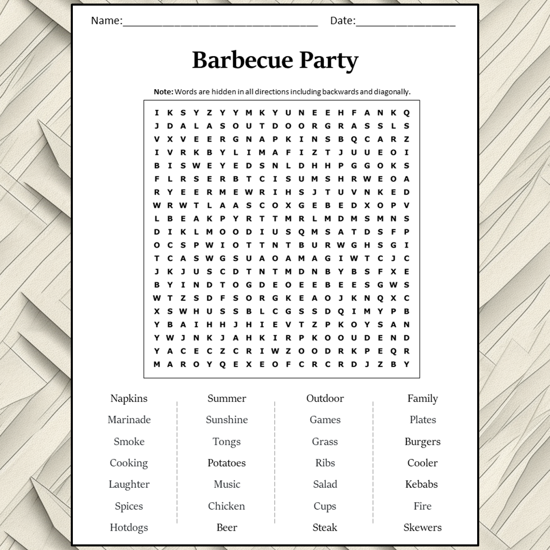 Barbecue Party Word Search Puzzle Worksheet Activity PDF