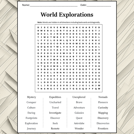 World Explorations Word Search Puzzle Worksheet Activity PDF