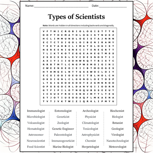 Types Of Scientists Word Search Puzzle Worksheet Activity PDF