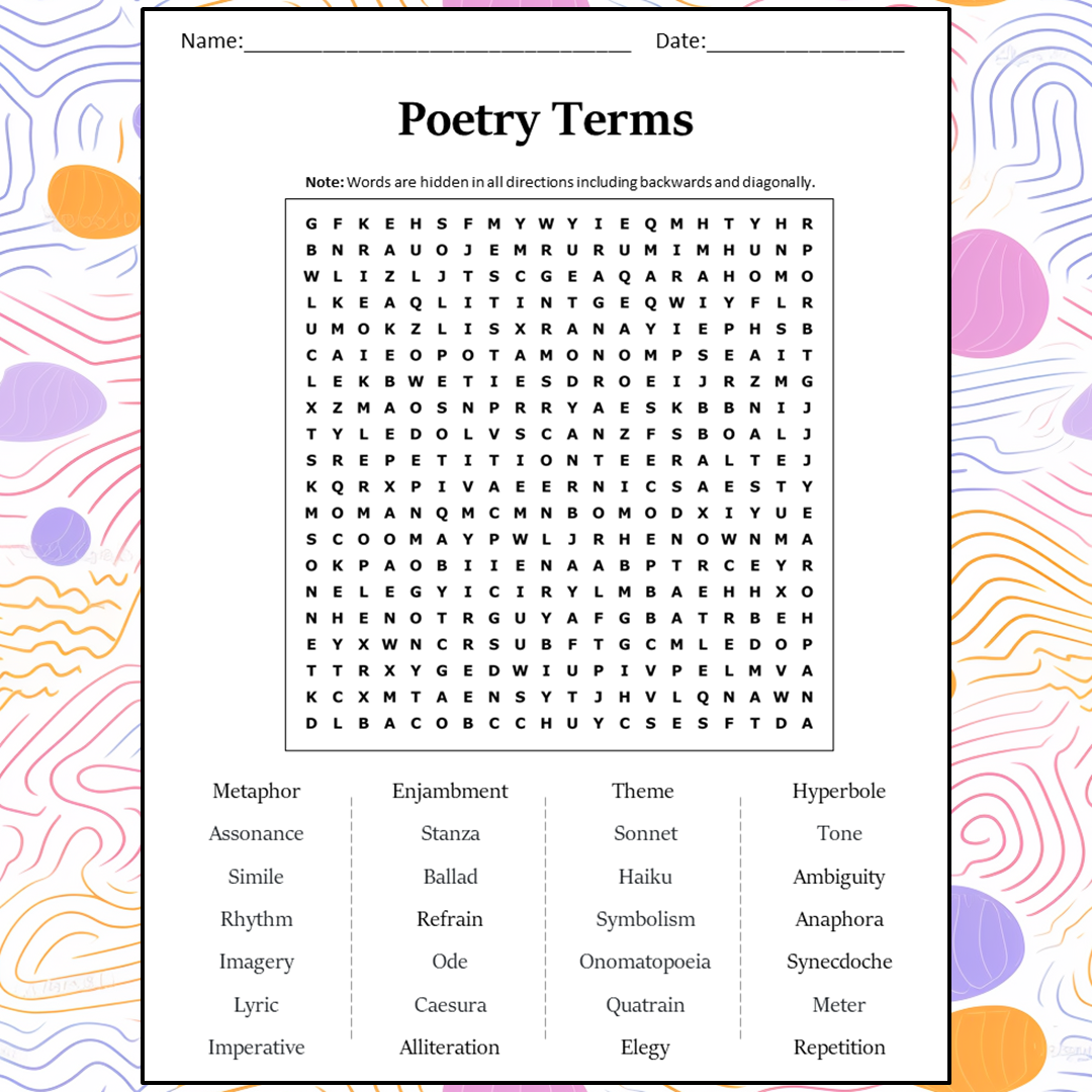 Poetry Terms Word Search Puzzle Worksheet Activity PDF