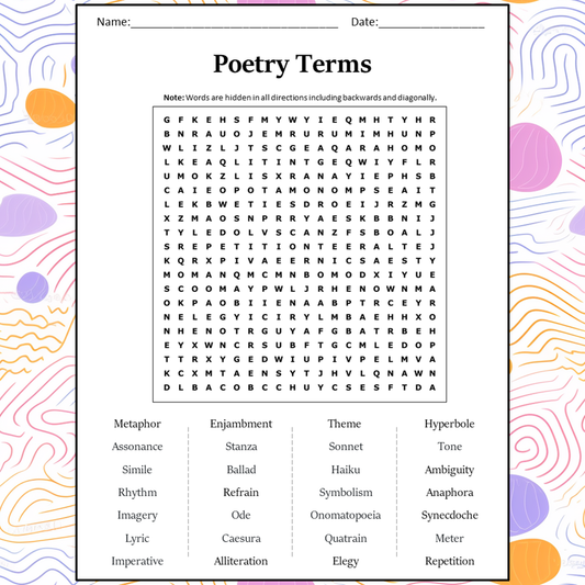 Poetry Terms Word Search Puzzle Worksheet Activity PDF