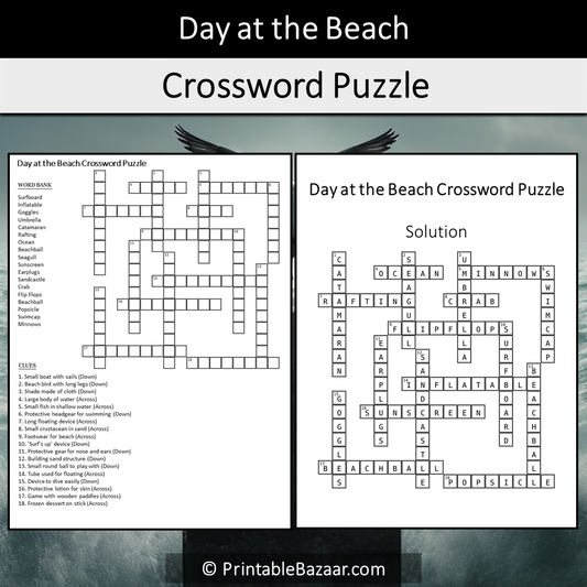 Day At The Beach Crossword Puzzle Worksheet Activity Printable PDF