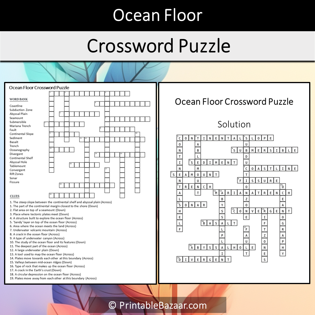 Ocean Floor Crossword Puzzle Worksheet Activity Printable PDF