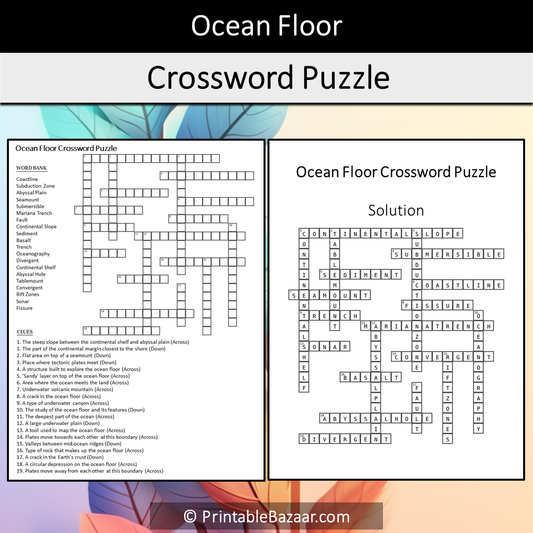 Ocean Floor Crossword Puzzle Worksheet Activity Printable PDF