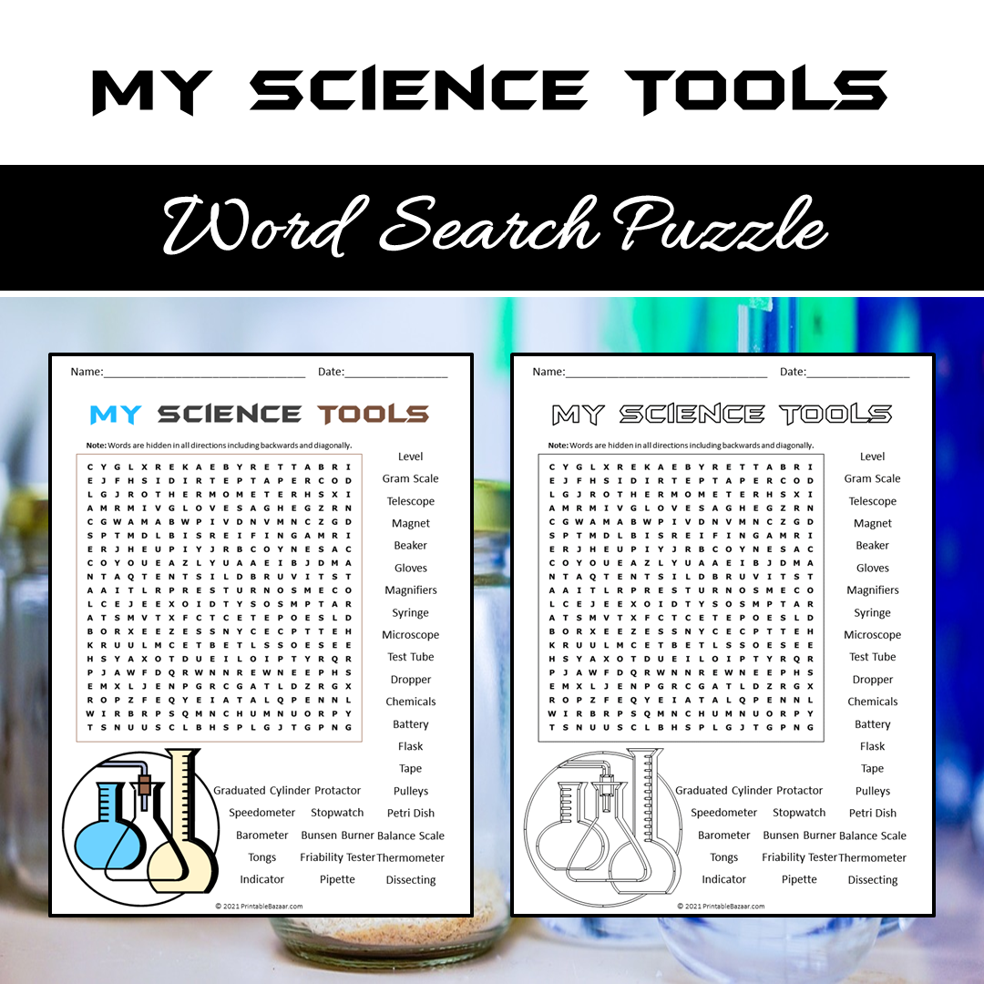 My Science Tools Word Search Puzzle Worksheet PDF