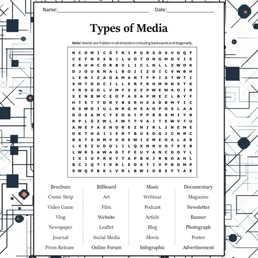 Types Of Media Word Search Puzzle Worksheet Activity PDF