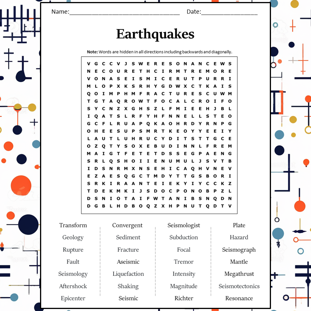 Earthquakes Word Search Puzzle Worksheet Activity PDF