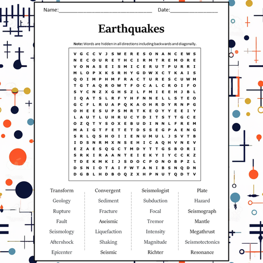 Earthquakes Word Search Puzzle Worksheet Activity PDF