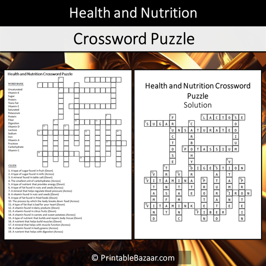 Health And Nutrition Crossword Puzzle Worksheet Activity Printable PDF