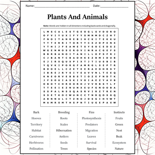 Plants And Animals Word Search Puzzle Worksheet Activity PDF