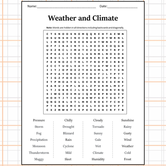 Weather And Climate Word Search Puzzle Worksheet Activity PDF