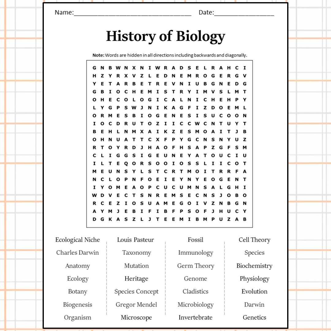 History Of Biology Word Search Puzzle Worksheet Activity PDF