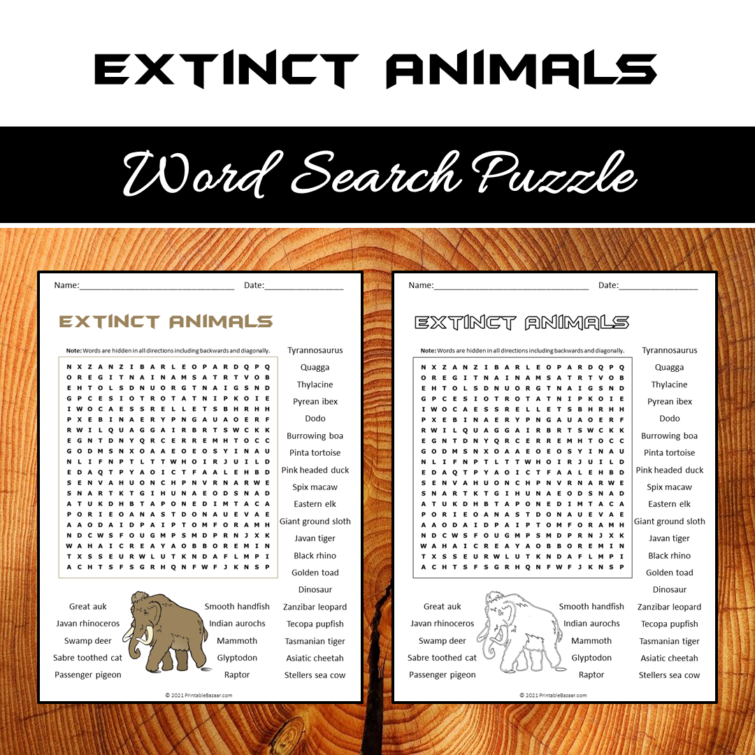 Extinct Animals Word Search Puzzle Worksheet PDF