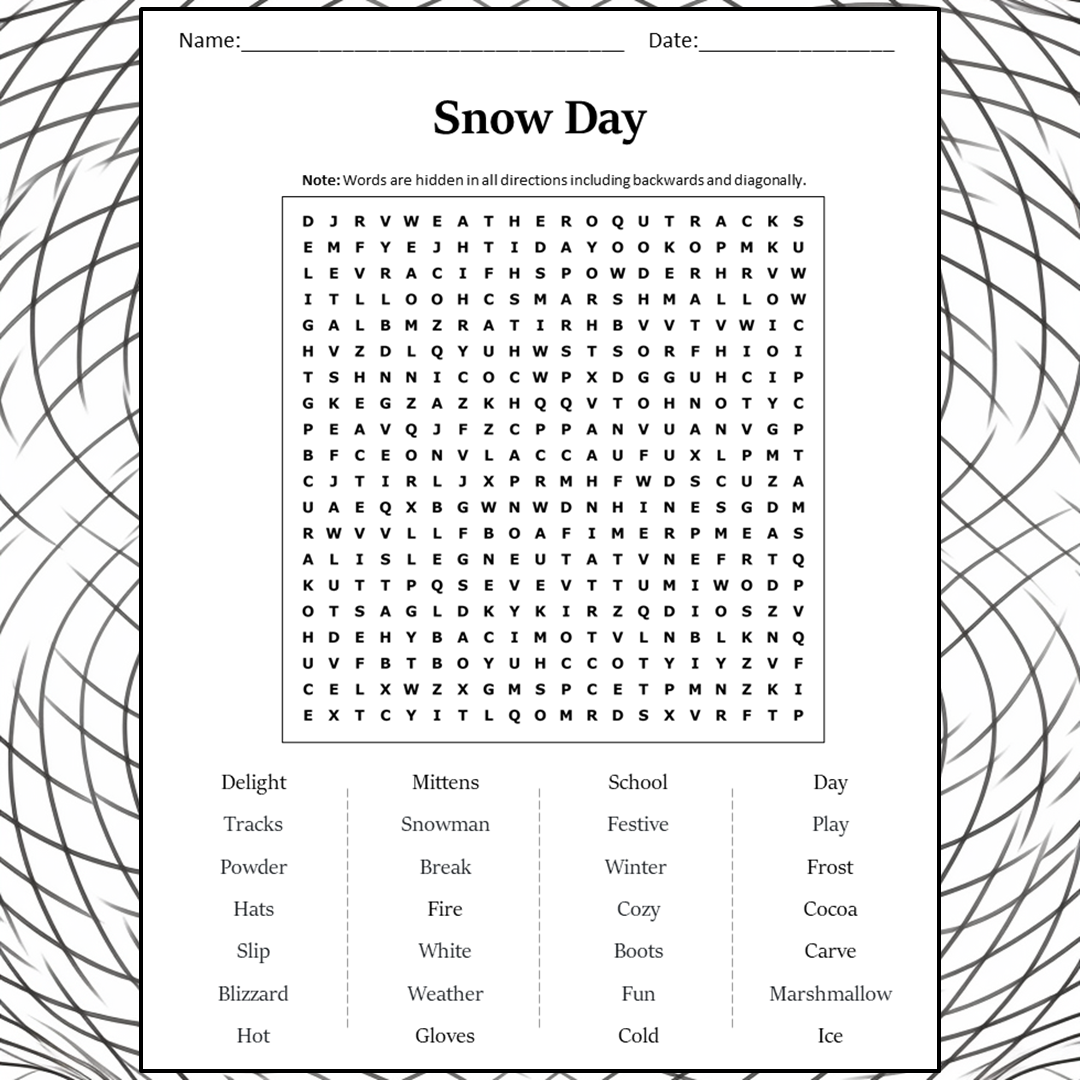 Snow Day Word Search Puzzle Worksheet Activity PDF