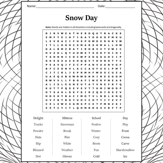 Snow Day Word Search Puzzle Worksheet Activity PDF