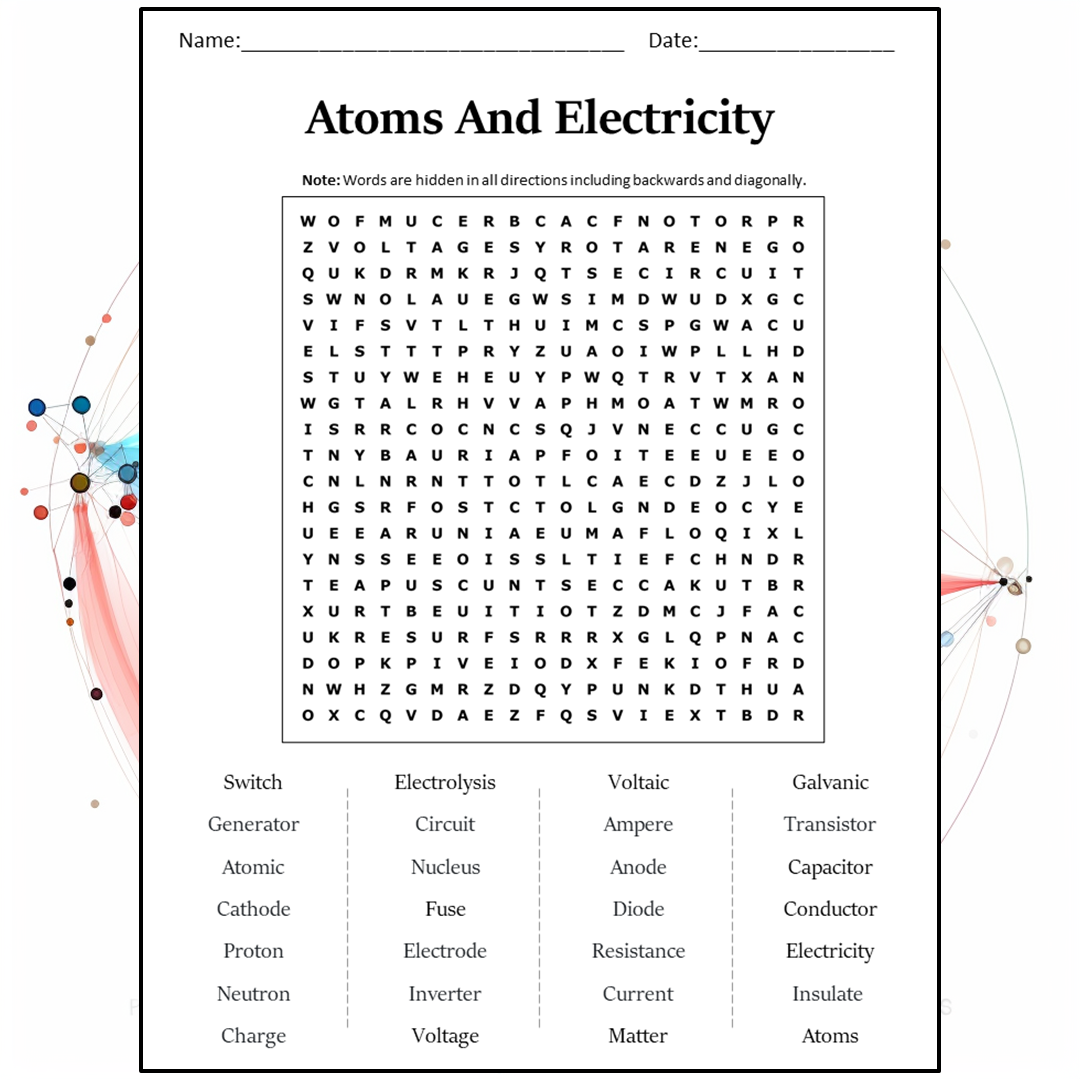 Atoms And Electricity Word Search Puzzle Worksheet Activity PDF