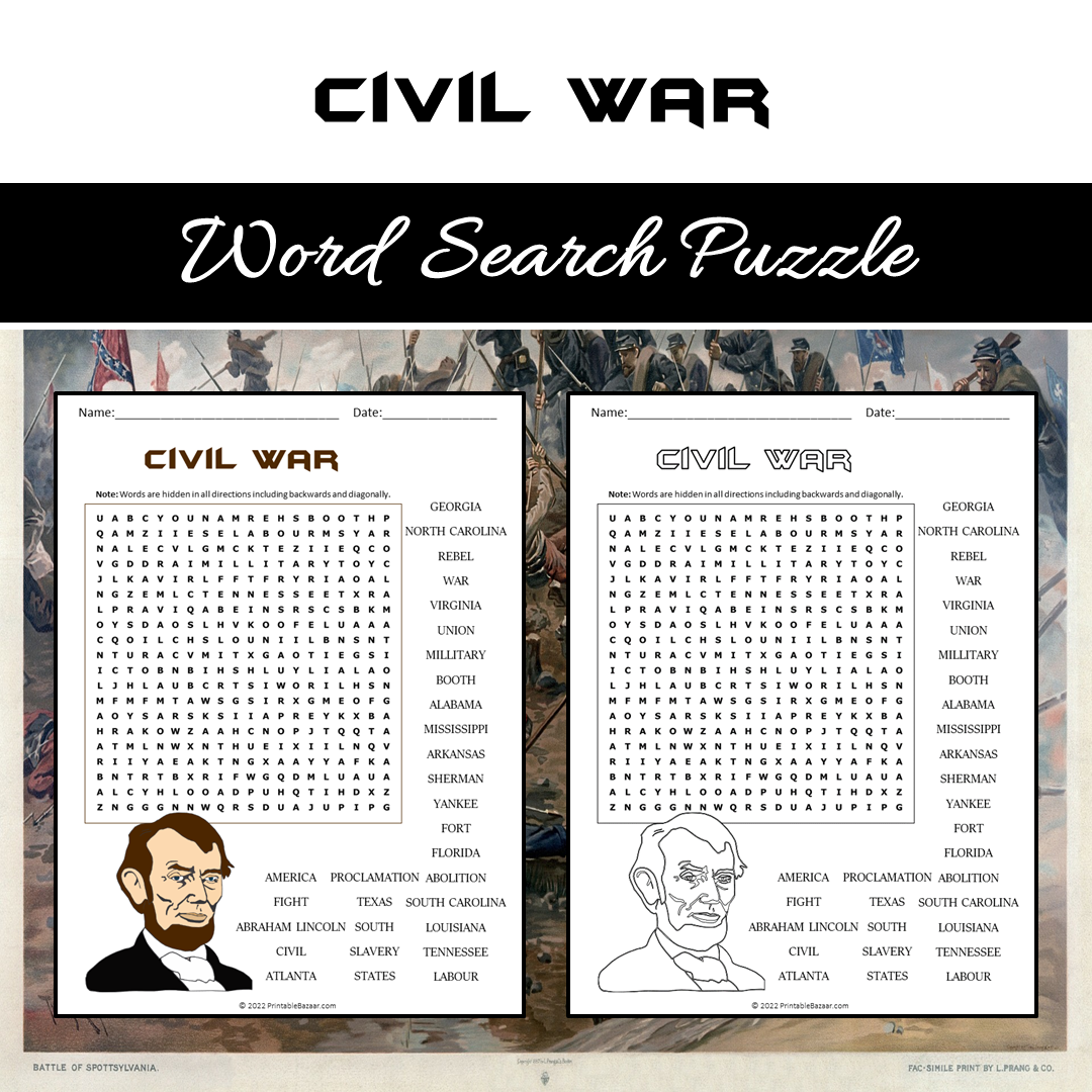 Civil War Word Search Puzzle Worksheet PDF