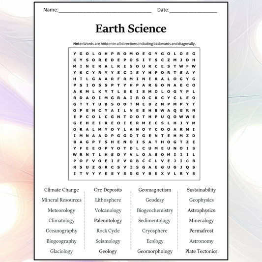 Earth Science Word Search Puzzle Worksheet Activity PDF