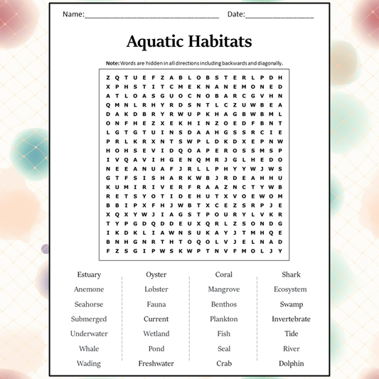 Aquatic Habitats Word Search Puzzle Worksheet Activity PDF