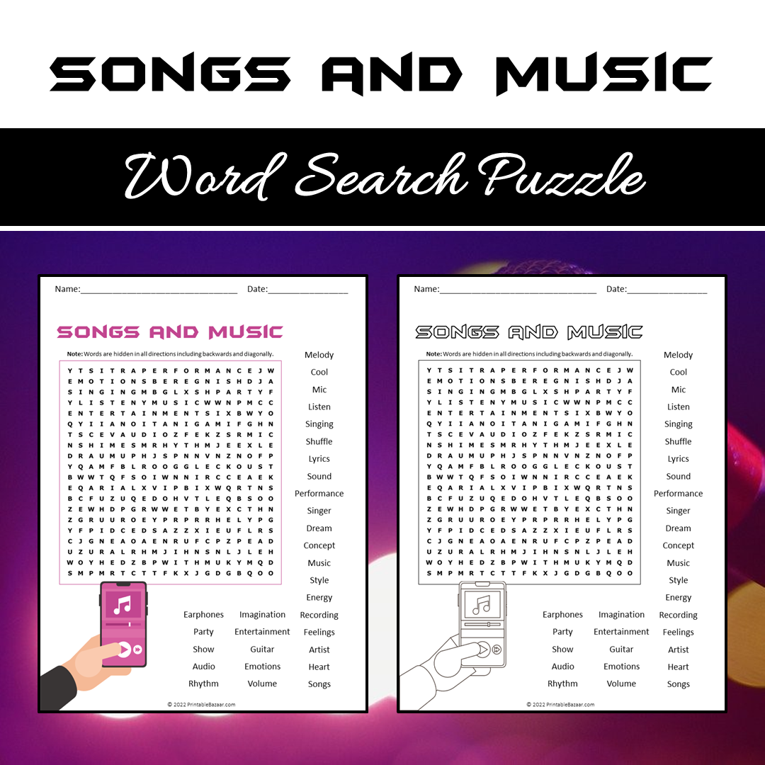 Songs And Music Word Search Puzzle Worksheet PDF