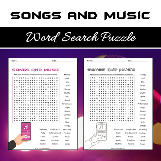 Songs And Music Word Search Puzzle Worksheet PDF