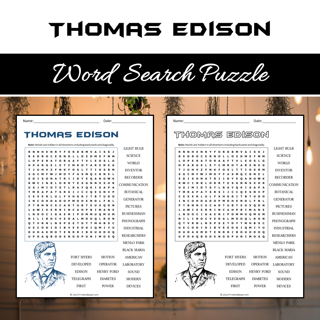 Thomas Edison Word Search Puzzle Worksheet PDF