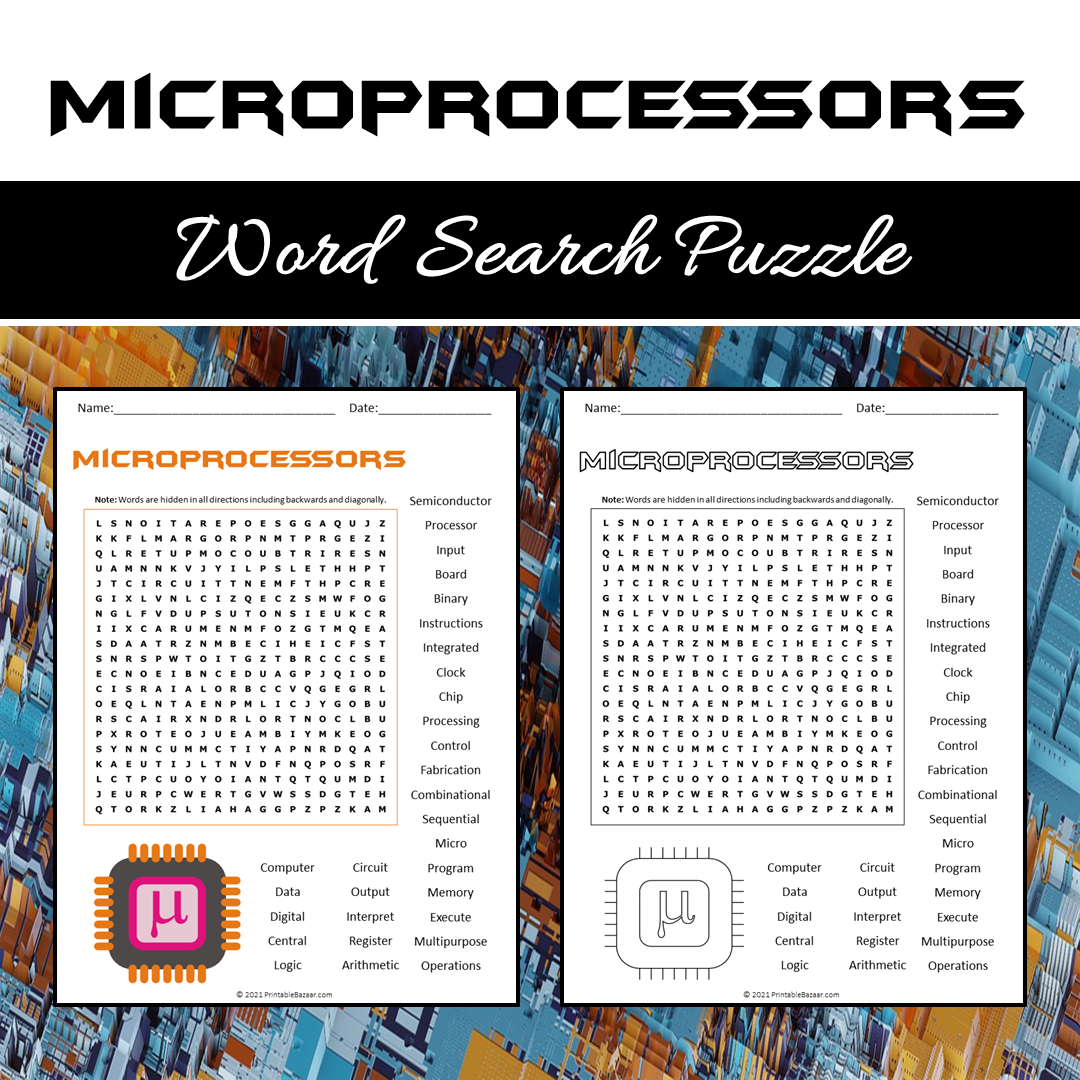 Microprocessors Word Search Puzzle Worksheet PDF