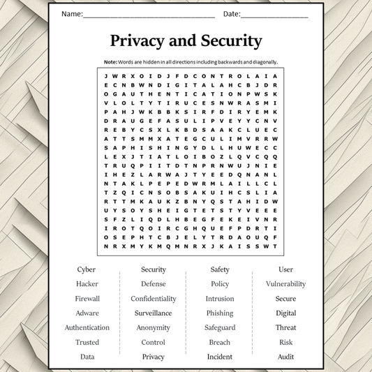 Privacy And Security Word Search Puzzle Worksheet Activity PDF