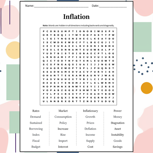 Inflation Word Search Puzzle Worksheet Activity PDF