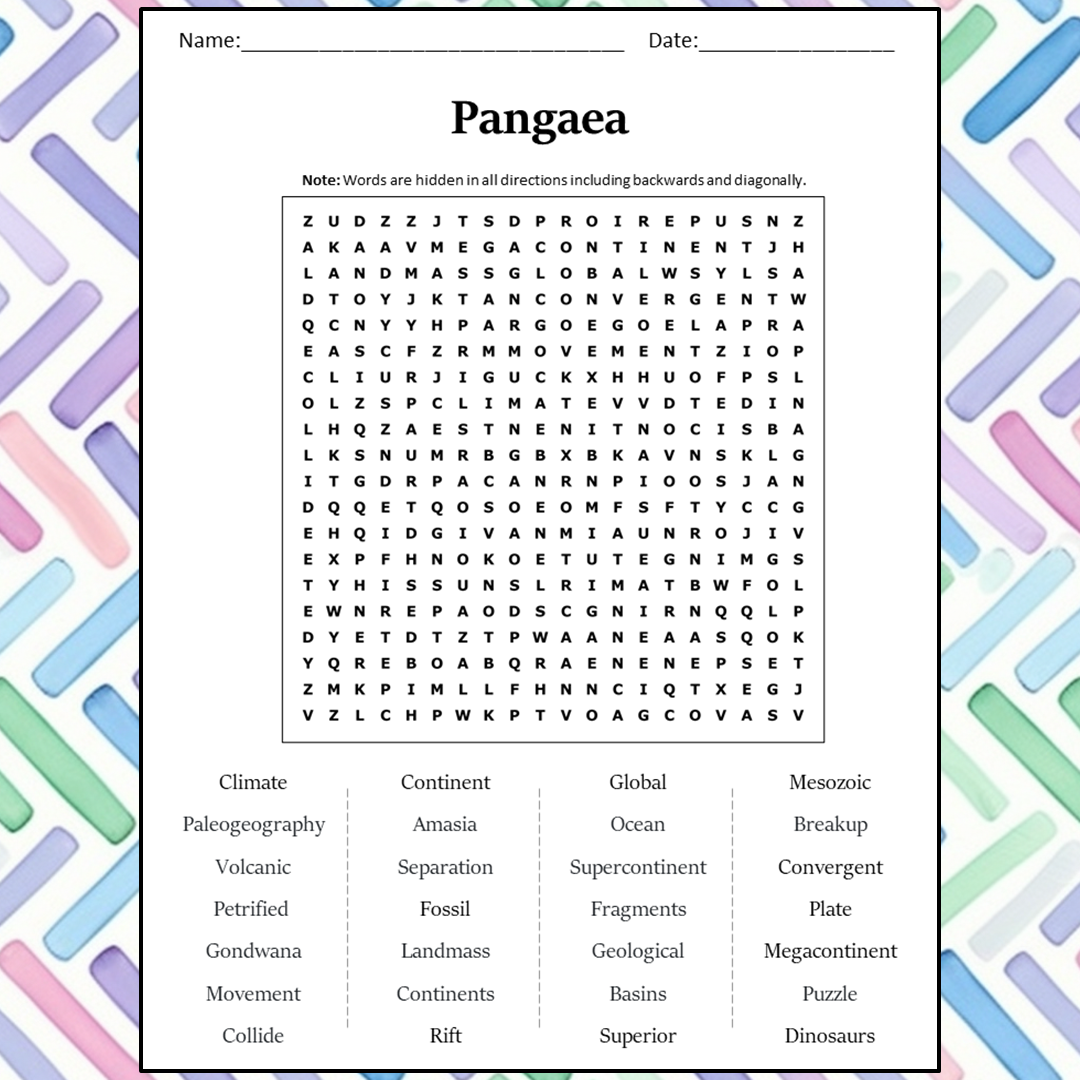 Pangaea Word Search Puzzle Worksheet Activity PDF