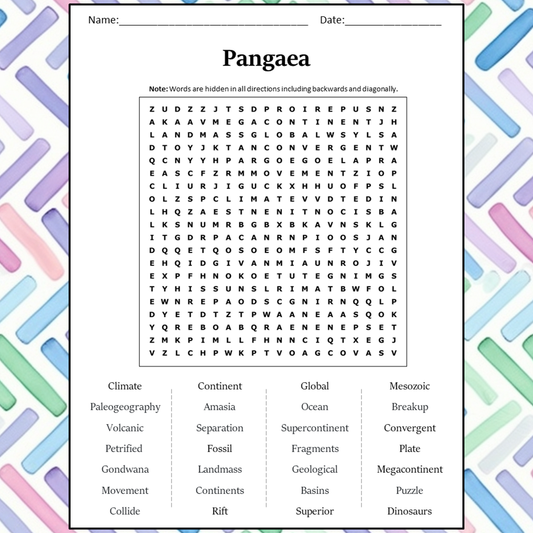 Pangaea Word Search Puzzle Worksheet Activity PDF